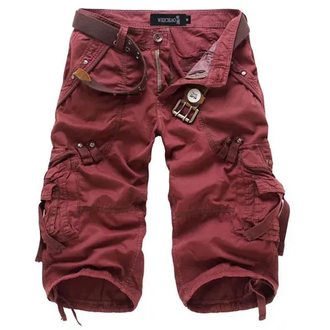 Men Casual Cotton Cargo Capri Pants Multi Pocket Summer Straight Leg Cropped Trousers With Adjustable Drawstring Belt