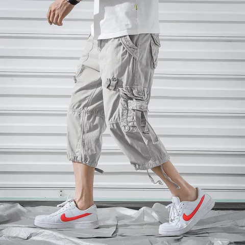 Men's Casual Cargo Multi Pocket Capris Loose Fit Cotton Outdoor Sports Jogger Pants Summer Beach Trousers