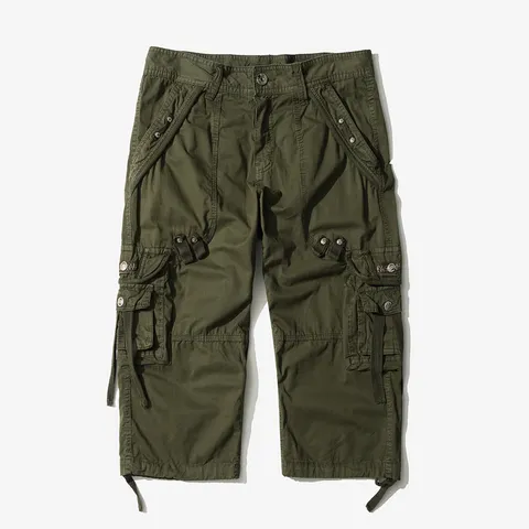 Men's Casual Cargo Shorts Multi Pocket Cotton Summer Three Quarter Pants Loose Fit