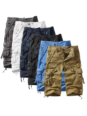 Men's Casual Cotton Cargo Capri Pants Multi-Pocket Straight Leg Loose Fit Drawstring Hem Summer Thin Trousers
