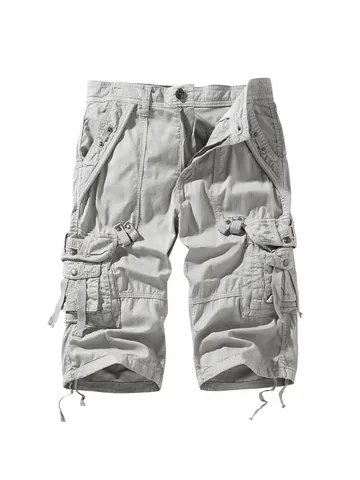 Men Casual Pure Cotton Multi Pocket Cropped Cargo Pants Summer Loose Straight Fit Beach Outdoor Trousers