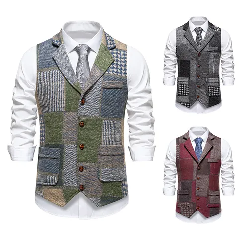 Heren Vintage Patchwork Pak Vest Casual Visgraat Tweed Revers Enkelknoops Business Gentleman Gilet Bovenstuk