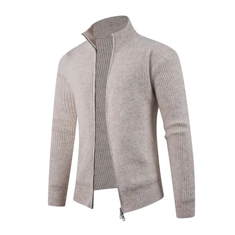 Men Full-Zip Knit Cardigan Sweater Casual Stand Collar Long Sleeve Loose Fit Solid Color Fall Winter Outerwear