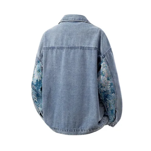Herren Übergröße Denim Jacke Vintage Gewaschen Langarm Blumen Stickerei Gestückt Lässig Lose Oberbekleidung Mantel
