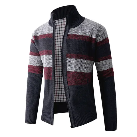 Cardigan en Tricot Thermique pour Hommes Col Stand Fermeture Éclair Rayé Manches Longues Pull Vêtement d'Extérieur Hiver