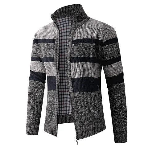 Cardigan en Tricot Thermique pour Hommes Col Stand Fermeture Éclair Rayé Manches Longues Pull Vêtement d'Extérieur Hiver