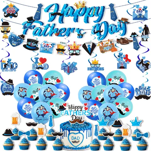 Gelukkige Vaderdag Feestdecoratie Set Latex Ballonnen Papieren Banner Taart Topper Blauw Thema Super Dad Festival Slinger Hangende Ornament Set