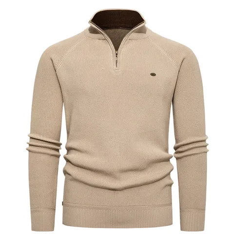 Maglieria da Uomo con Mezza Zip Collo Alto a Costine Verticali Pullover Caldo Spessorato Moda Invernale