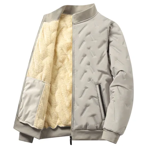 Men Winter Fleece Lined Thickened Short Slim Fit Padded Cotton Coat Stand Collar Warm Zipper Outerwear Jacket
