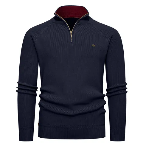 Maglieria da Uomo con Mezza Zip Collo Alto a Costine Verticali Pullover Caldo Spessorato Moda Invernale