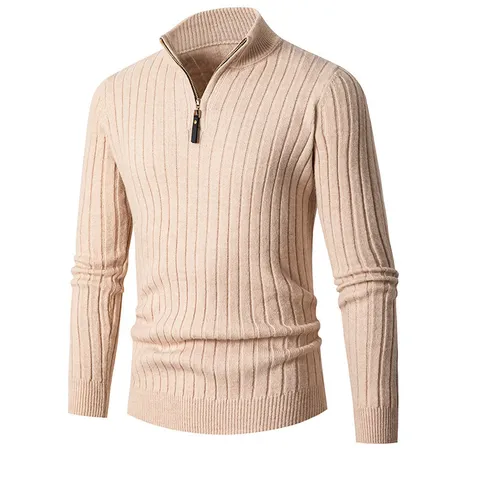 Men's Half Zip Mock Neck Vertical Striped Knit Sweater Long Sleeve Casual Pullover Top