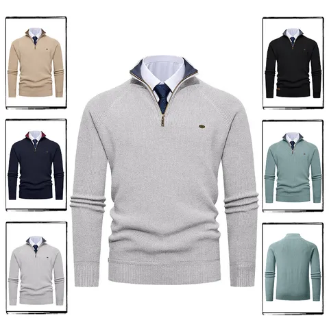 Men's Half Zip Ribbed Knit Sweater Solid Color Long Sleeve Slim Fit Pullover Winter Thermal Top