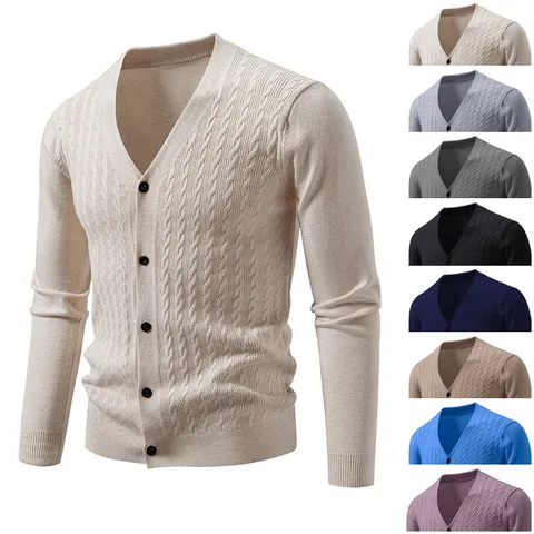 Men Casual V Neck Cable Knit Cardigan Sweater Long Sleeve Single Breasted Plus Size Knitted Outerwear