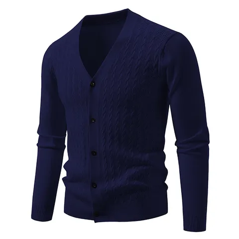 Men Casual V Neck Cable Knit Cardigan Sweater Long Sleeve Single Breasted Plus Size Knitted Outerwear