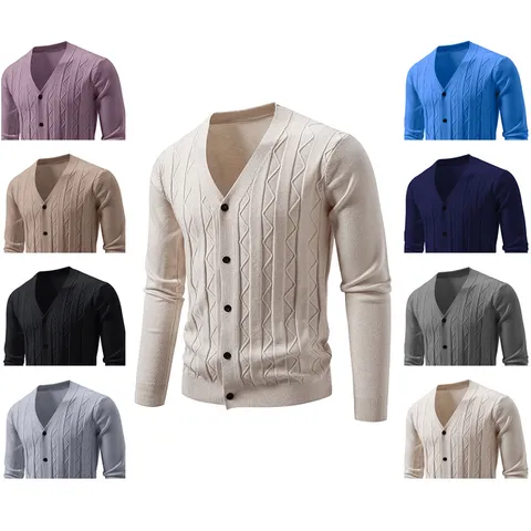 Men's Casual V-Neck Long Sleeve Cardigan Slim Fit Button Down Knit Sweater Solid Color Lightweight Daily Outerwear