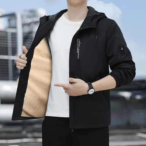Giacca Imbottita in Cotone con Cappuccio Spesso Invernale da Uomo Casual Calda Antivento Foderata in Pile con Zip