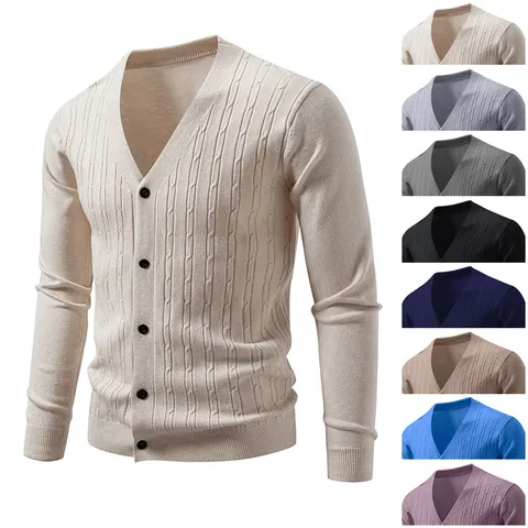 Men's Casual Solid Color V-Neck Long Sleeve Single Breasted Cardigan Knitted Sweater Daily Fashion Outerwear