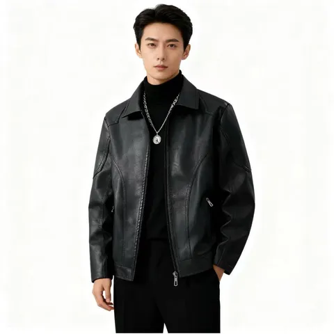 Men's Casual PU Leather Jacket Autumn Winter Thickened Lapel Full Zip Regular Fit Plus Size Solid Color Outerwear
