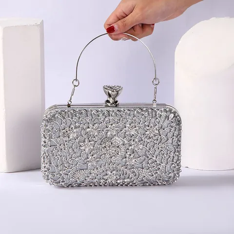 Mujer Lujo Diamante de Imitación Bolso de Noche Cartera de Mano Caja Metálica Bolso para Boda Banquete Fiesta