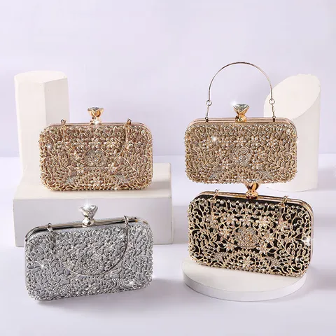 Mujer Lujo Diamante de Imitación Bolso de Noche Cartera de Mano Caja Metálica Bolso para Boda Banquete Fiesta