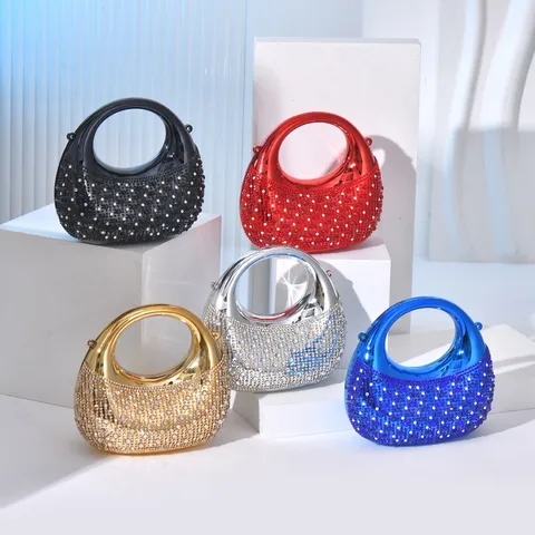 Women's Acrylic Shell Crescent Evening Clutch Bag Sparkling Rhinestone Mini Handbag Party Prom Crossbody Bag