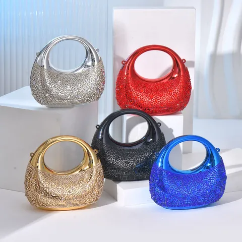 Women Metallic Moon Evening Bag Mini Rhinestone Chain Handbag Elegant Designer Party Clutch Purse For Wedding Banquet
