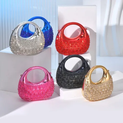 Women Acrylic Crescent Evening Bag Sparkling Rhinestone Mini Handbag Diamond Lattice Party Crossbody Bag