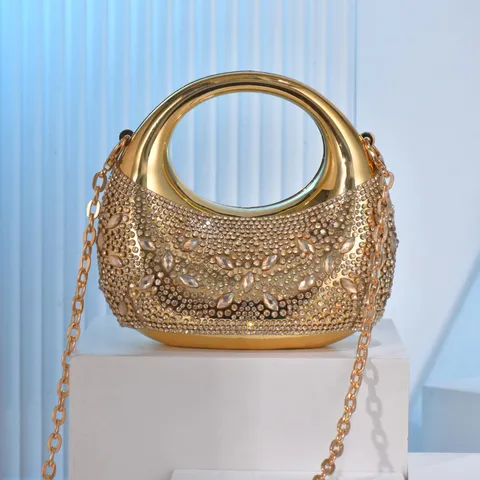 Women Metallic Moon Evening Bag Mini Rhinestone Chain Handbag Elegant Designer Party Clutch Purse For Wedding Banquet