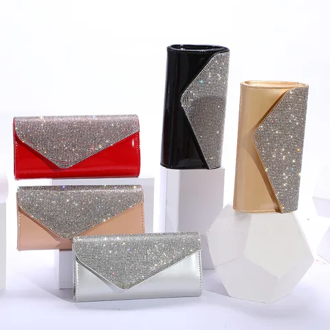 Women Luxury Rhinestone Evening Bag PU Leather Envelope Clutch Purse Sparkling Banquet Party Shoulder Handbag