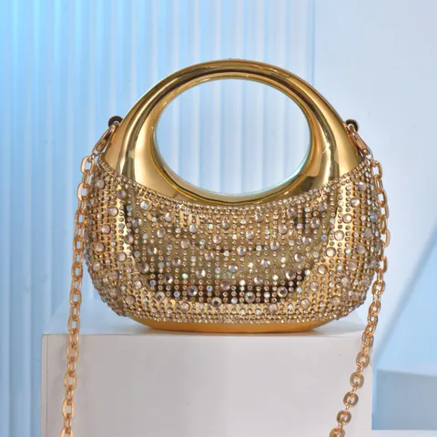 Women's Acrylic Shell Crescent Evening Clutch Bag Sparkling Rhinestone Mini Handbag Party Prom Crossbody Bag