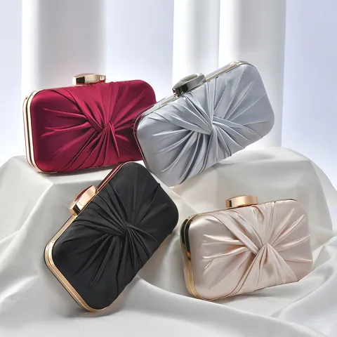 Womens Evening Clutch Bag Pleated Satin Purse Elegant Retro Banquet Handbag Wedding Prom Party Shoulder Bag