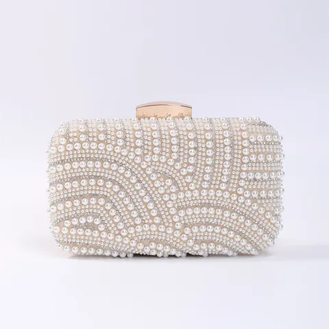 Vintage PU Leather Evening Bag Women Handbag Beaded Artificial Pearl Rhinestone Banquet Clutch Wedding Party Purse