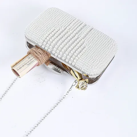 Women Evening Bag Vintage Artificial Pearl Rhinestone Clutch Purse Elegant Wedding Banquet Handbag PU Leather