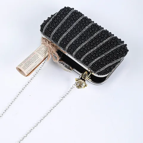 Women's Elegant Evening Bag Artificial Pearl Rhinestone Clutch Purse Wedding Banquet Shoulder Bag Metallic Clasp Handbag