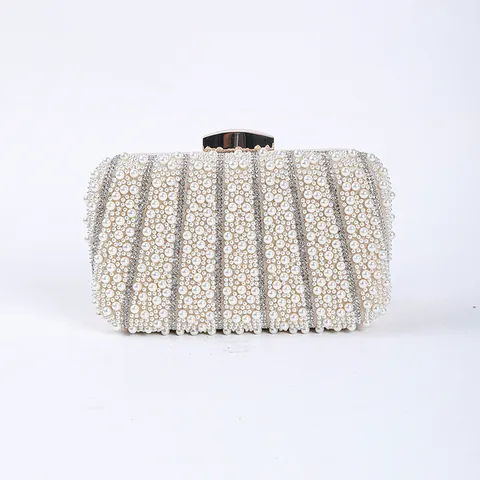 Women's Elegant Evening Bag Artificial Pearl Rhinestone Clutch Purse Wedding Banquet Shoulder Bag Metallic Clasp Handbag