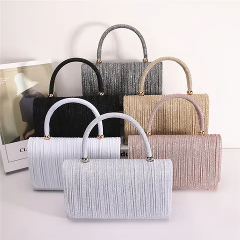 Women Pleated Evening Bag Vintage Solid Color Polyester Handbag Elegant Party Clutch Purse Daily Shoulder Bag