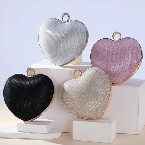 Women Heart Shaped Evening Bag Sparkling Rhinestone Clutch Bag Metallic Chain Crossbody Bag Luxury Banquet Party Handbag