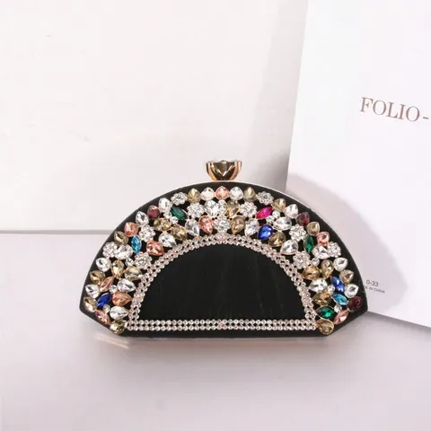 Women Luxury Fan-Shaped Evening Bag PU Leather Rhinestone Crossbody Bag Elegant Metallic Clasp Party Wedding Shoulder Bag