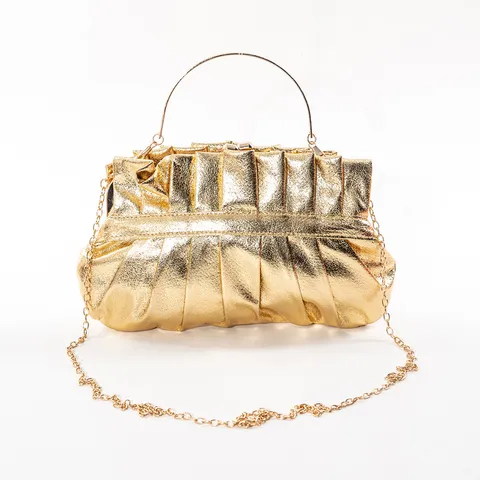 Women PU Leather Pleated Clutch Bag Elegant Solid Color Chain Crossbody Bag French Vintage Evening Party Handbag Purse