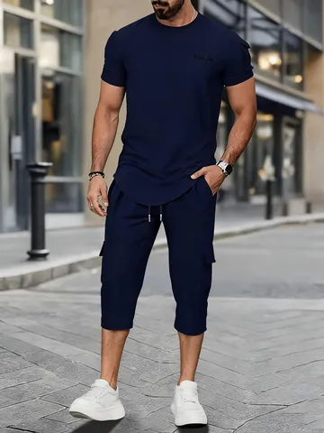 Set Casual da Uomo con Maglietta a Manica Corta e Pantaloncini Cargo Largo Traspirante Outfit Estivo Top e Bottom Moda