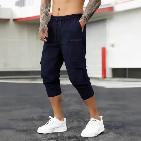 Pantalon Cargo Décontracté pour Hommes Coupe Ample Droit Pantacourt Multi-Poches Cordon Taille Élastique Streetwear Mode