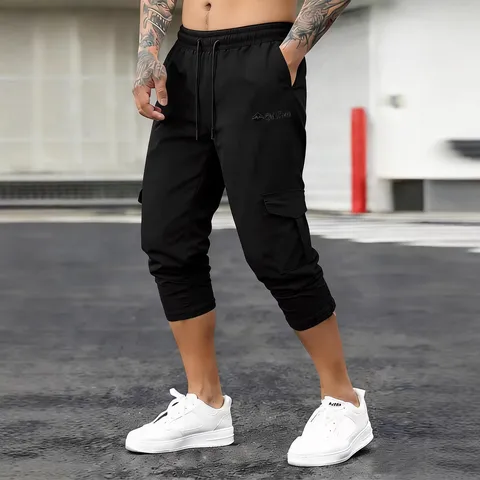 Pantalon Cargo Décontracté pour Hommes Coupe Ample Droit Pantacourt Multi-Poches Cordon Taille Élastique Streetwear Mode