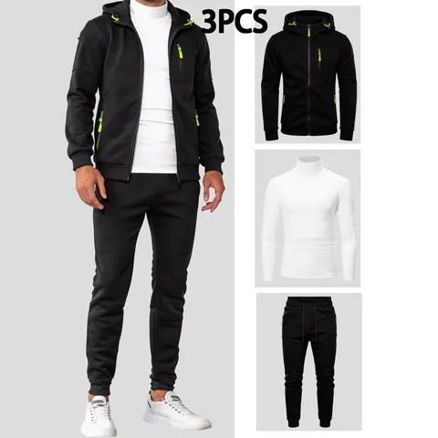 Survêtement Décontracté pour Hommes Sweat à Capuche Poche Zippée T-Shirt Pantalon Hiver Thermique Vêtement de Sport Polyester