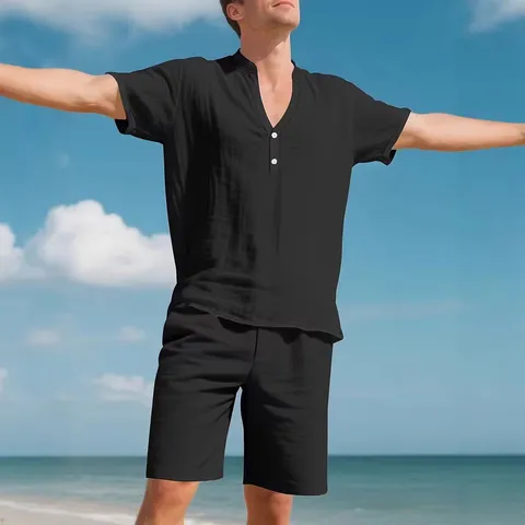 Haut et Pantalon Décontracté en Mélange Coton Lin pour Hommes Chemise à Manches Courtes et Short Couleur Unie Tenue de Plage d'Été