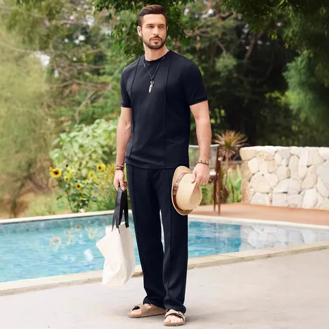 Ensemble de Survêtement Décontracté en Tricot Gaufré pour Homme Haut à Manches Courtes et Pantalon Long