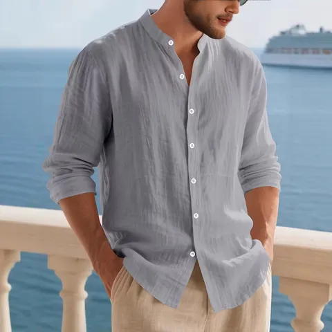 Chemise Décontractée à Manches Longues en Mélange de Lin pour Hommes Col Mao Boutonnée Coupe Ample Vacances Plage
