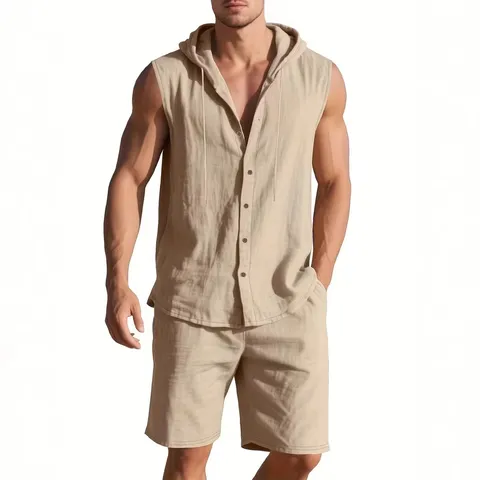 Ensemble Deux Pièces Casual en Mélange de Lin pour Hommes Chemise Sans Manches à Capuche et Short Vêtement de Sport Vacances d'Été