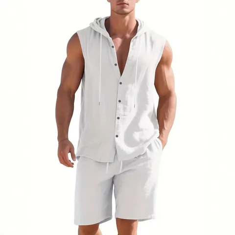 Ensemble Deux Pièces Casual en Mélange de Lin pour Hommes Chemise Sans Manches à Capuche et Short Vêtement de Sport Vacances d'Été