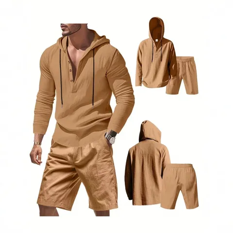Hommes Décontracté Mélange de Lin Capuche Manches Longues Henley Chemise Et Short Ensemble Plage Été Haut Et Bas