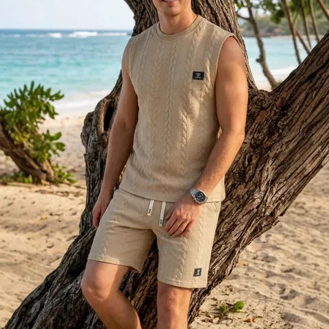 Completo Casual da Uomo Canotta e Pantaloncini in Maglia Jacquard Abbigliamento Sportivo Estivo